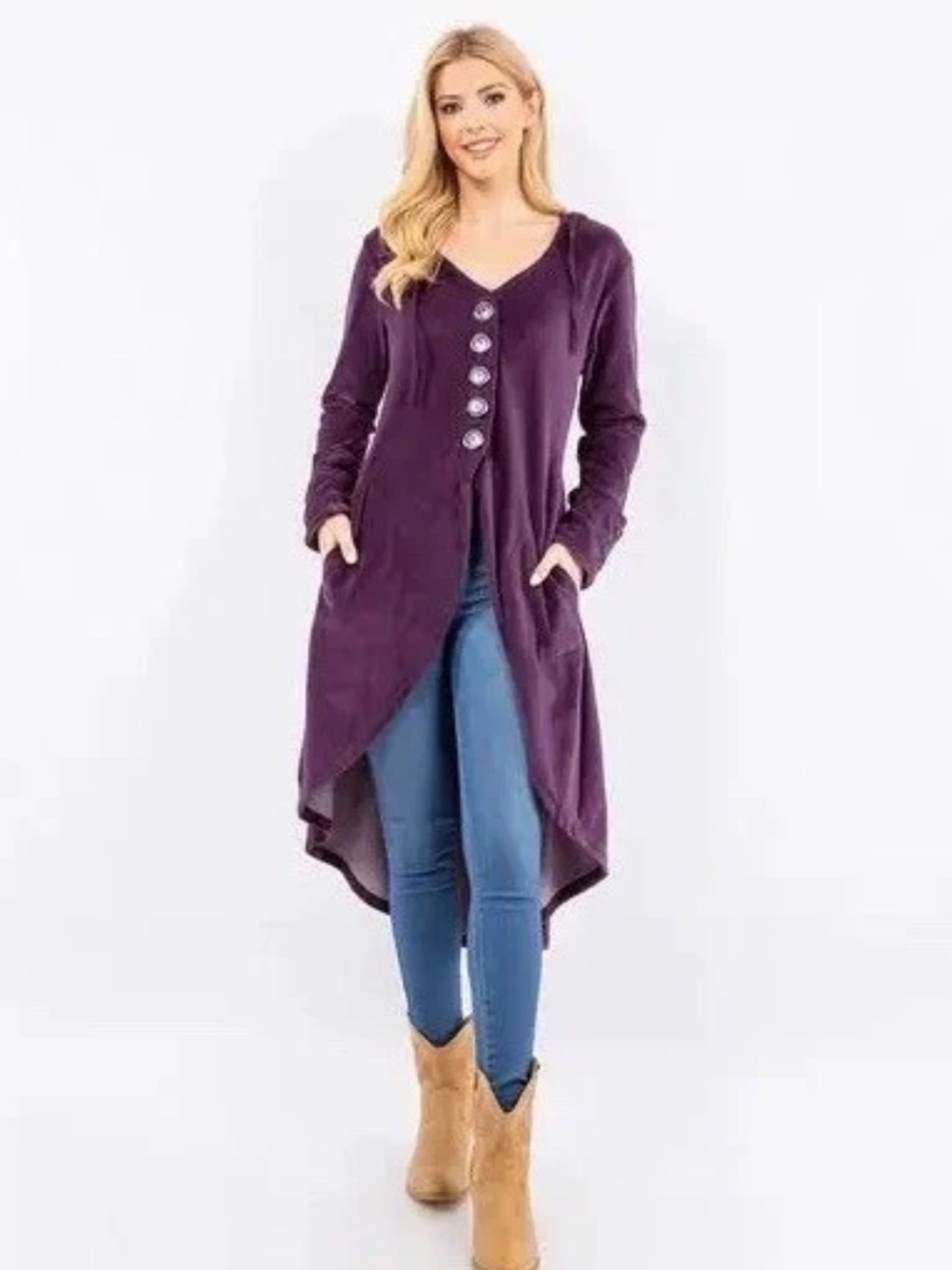 Avatar Purple Boho Cotton Velvet Hooded Button Down Duster with Cinch Back Hi Lo